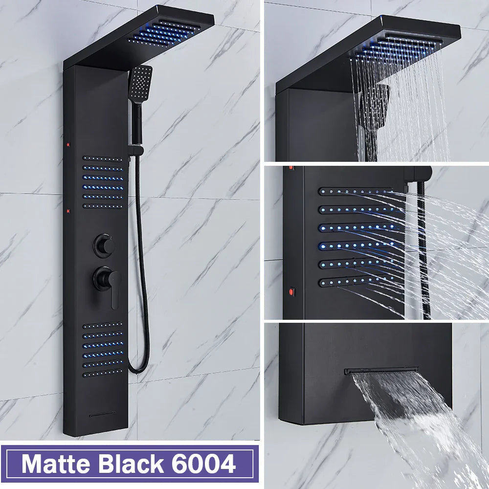 Columna de ducha DecorBites™ negra con iluminación LED, chorros de masaje y grifo mezclador tipo cascada