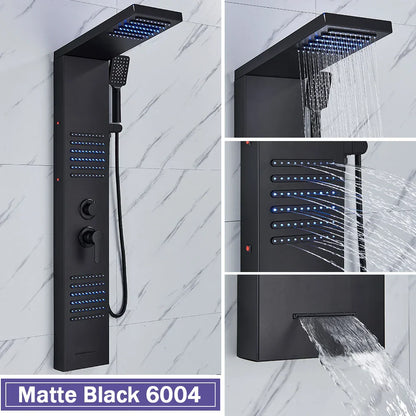 Columna de ducha DecorBites™ negra con iluminación LED, chorros de masaje y grifo mezclador tipo cascada