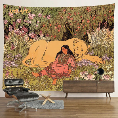 Decobites Psychedelic Tiger Tapestry Wall Hanging - Mysterious Flower Jungle Moon Landscape