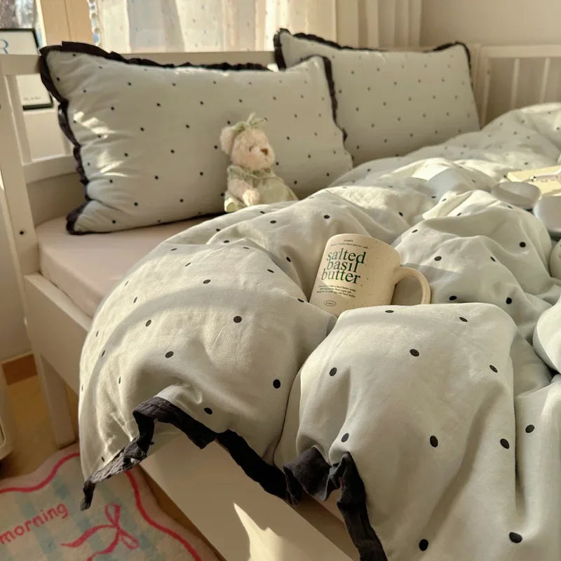 DecorBites™ Lace Duvet Cover Bedding Set 4Pcs French Washed Cotton for Single Double Bed