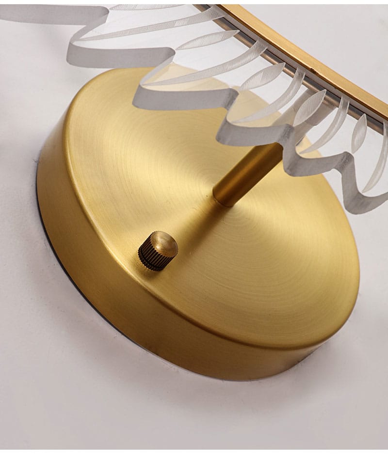 Gold-toned nordic modern art wall lamp with a circular ceiling fixture and sleek translucent white wavy glass shades, designed as a modern art bedside sconce.