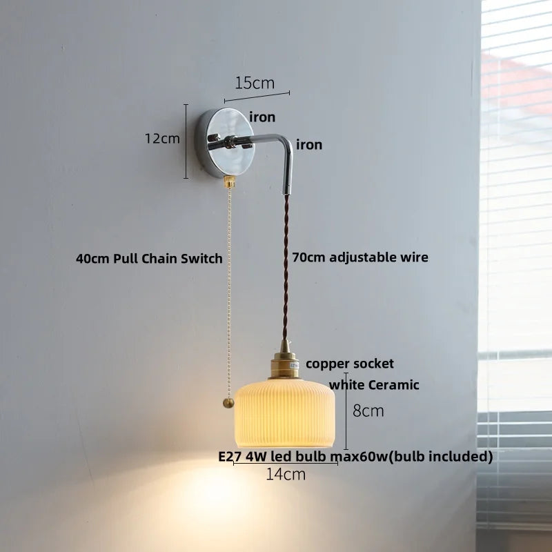 DecorBites™ Ash Wood LED Wall Light with Pull Chain Switch – Japanese Style Bedside Lamp