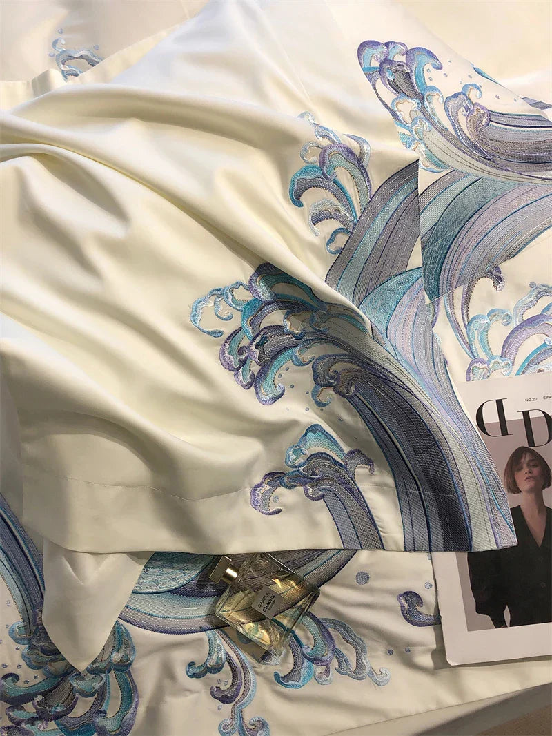 DecorBites™ Blue Tides Waves Embroidery 1200TC Luxury Bedding Set with Duvet Cover, Sheet, Pillowcases