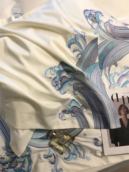DecorBites™ Blue Tides Waves Embroidery 1200TC Luxury Bedding Set with Duvet Cover, Sheet, Pillowcases