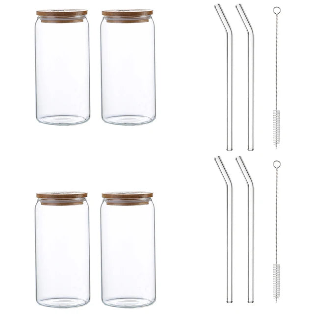 Taza de vidrio DecorBites™ con tapa de bambú - Taza de vidrio de borosilicato de alta calidad para té, jugo y café