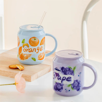 Taza de cerámica DecorBites™ con forma de fruta, tapa y pajita, diseño de estilo coreano.