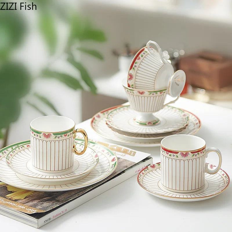 DecorBites™ Gold-Striped Ceramic Cup & Saucer Set for Dining Table Coffee Milk Tea Juice