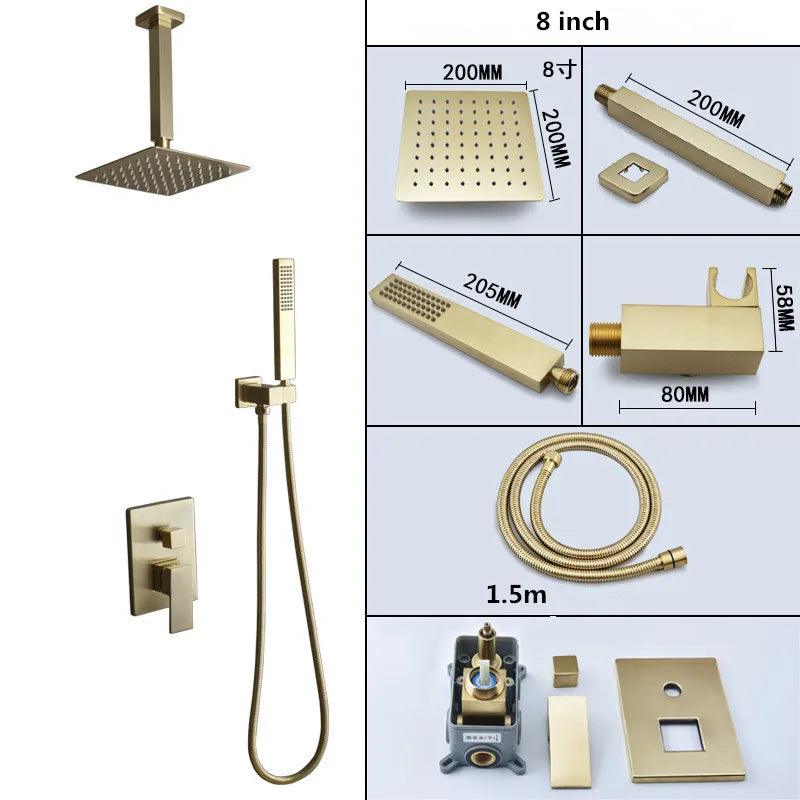 DecorBites™ Brushed Gold In-Wall Shower Set with Rainfall Shower Head 8-12"