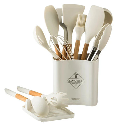 مجموعة أدوات طهي المطبخ المصنوعة من السيليكون من ديكوربايتس™، 10/13 قطعة - مقاومة للحرارة العالية، غير لاصقة، بمقبض خشبي