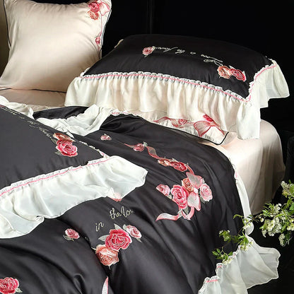 Decobites Floral Lace Princess Wedding Bedding Set with Lyocell Cotton Duvet Cover & Ruffles