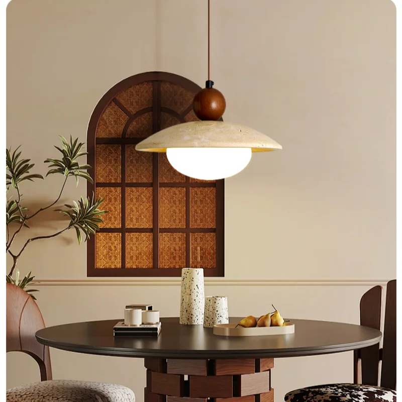 DecorBites™ Globe LED Pendant Light Yellow Travertine Stone White Glass Adjust Hang Lamp