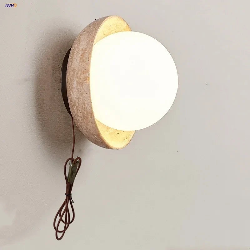 DecorBites™ LED Wall Light: Nordic Modern Design with White Glass & Yellow Travertine Wood
