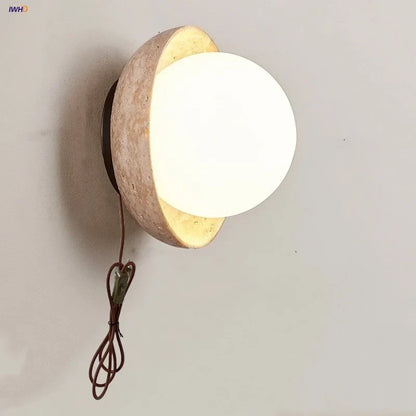 DecorBites™ LED Wall Light: Nordic Modern Design with White Glass & Yellow Travertine Wood