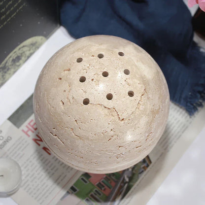 DecorBites™ Beige Travertine Sphere Incense Burner - Natural Marble Stone Religious Ornament