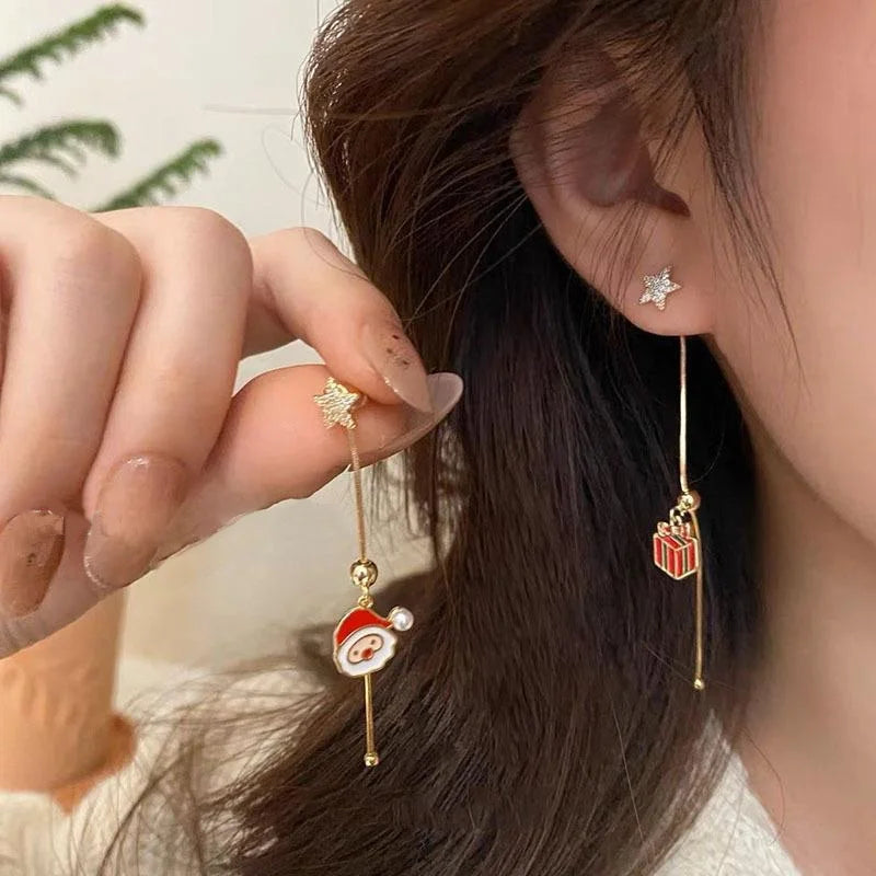 New Design Asymmetric Snowflake Christmas Boot Hat Drop Earrings for Women Moving Santa Claus Long Tassel Earring Party Jewelry