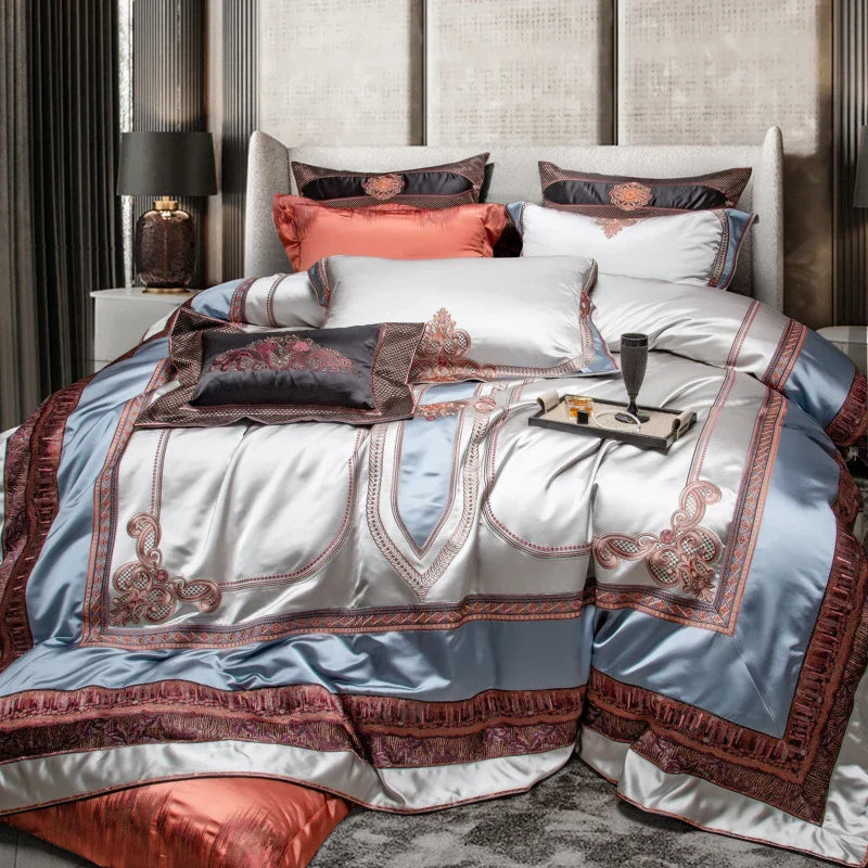 Decobites Palace Style Brocade Embroidery Bedding Set with Silky Duvet & Sheet