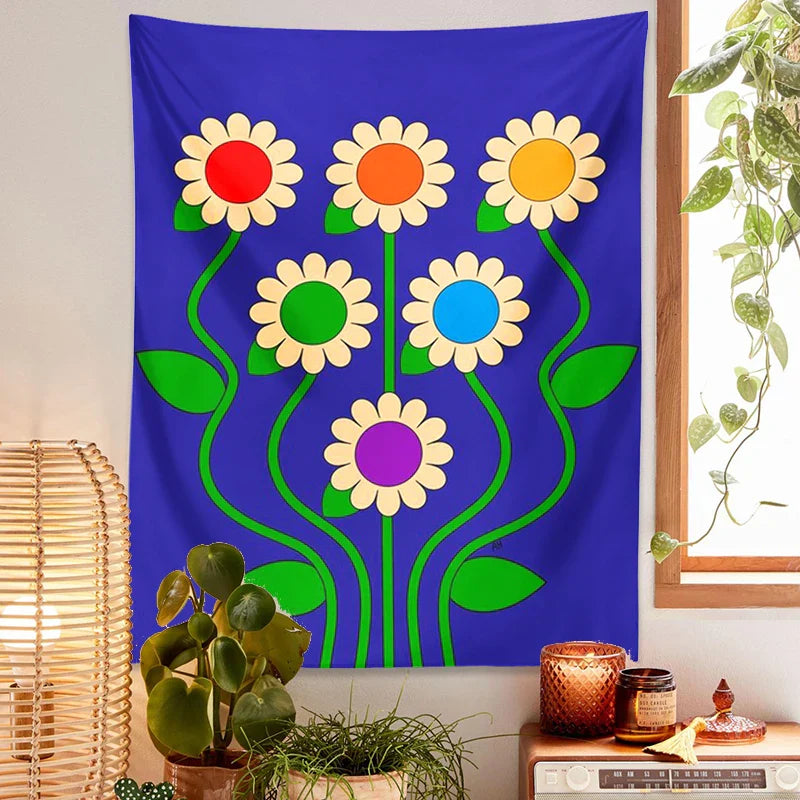 Decobites Blue Vintage Daisy Tapestry Wall Hanging Psychedelic Floral Home Decor Art