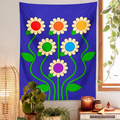 Decobites Blue Vintage Daisy Tapestry Wall Hanging Psychedelic Floral Home Decor Art