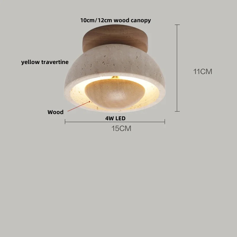 DecorBites™ Japan Style LED Ceiling Light Yellow Travertine Stone Wood Base Bedroom Luminaire.