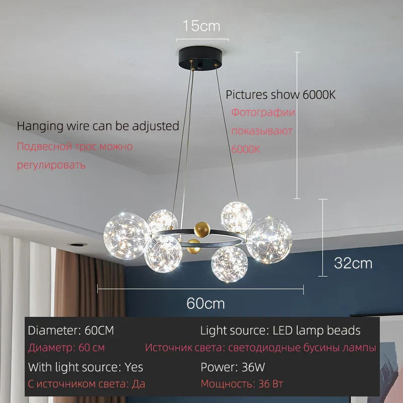 DecorBites™ LED Glass Bulb Pendant Light: Modern Round Design, Gold/Black, Gypsophila String