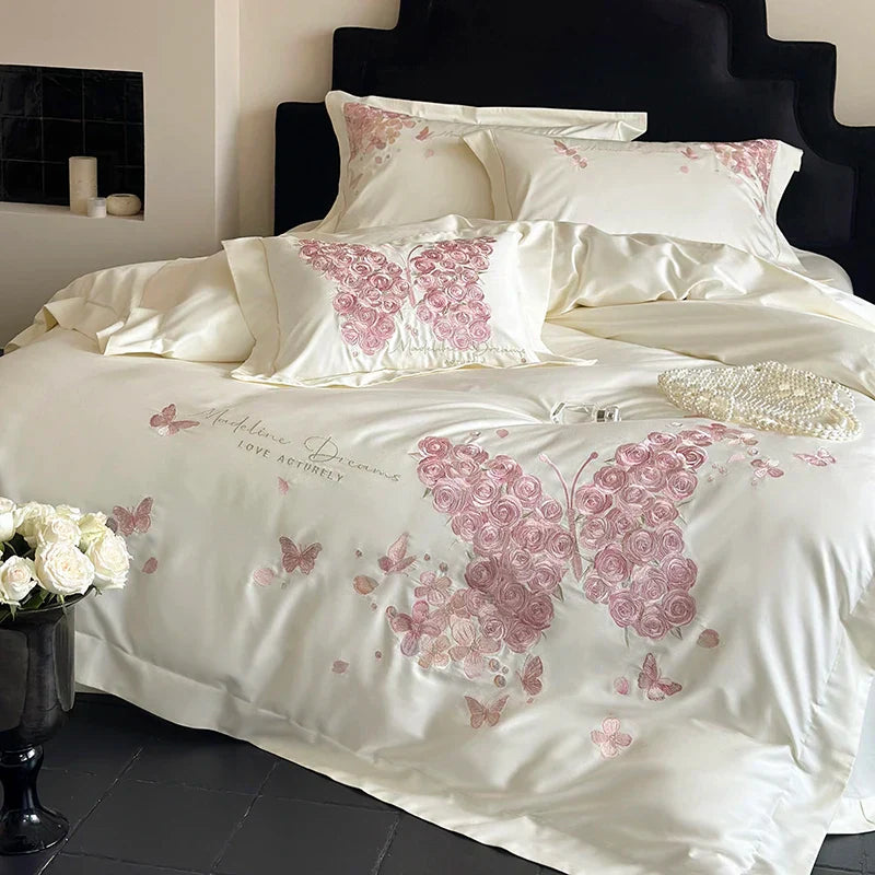 Decobites Rose Butterfly Embroidery 1000TC Egyptian Cotton Bedding Set in Cream White