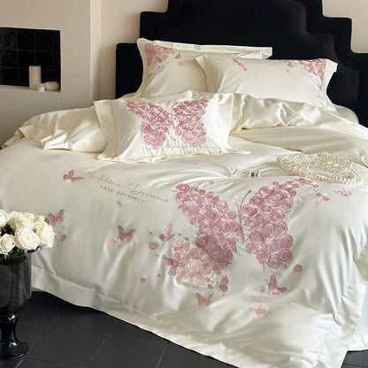 Decobites Rose Butterfly Embroidery 1000TC Egyptian Cotton Bedding Set in Cream White