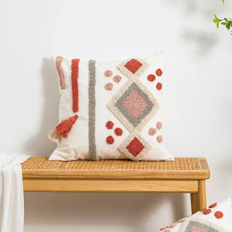 DecorBites™ Boho Loop Tufted Tassel Pillow Cover - Ethnic Embroidered Decorative Cushion