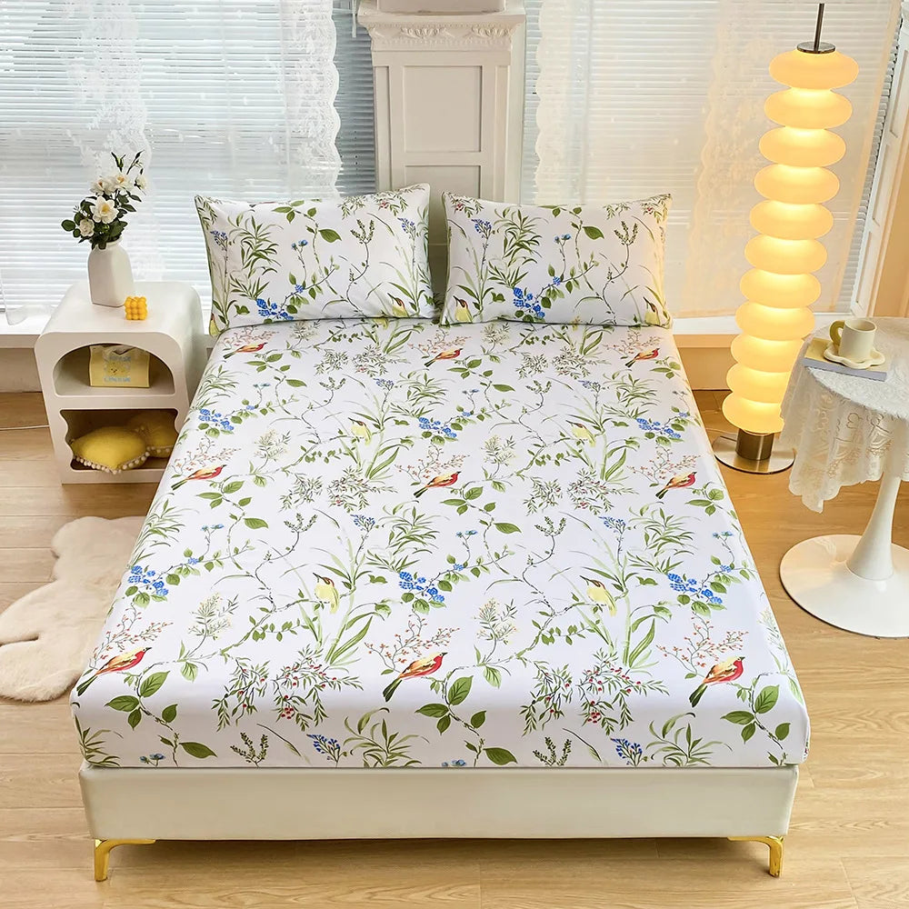 DecorBites™ Green Leaf Flower Fitted Sheet Set with 2 Pillowcases for All Seasons