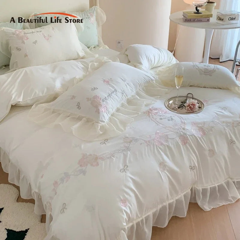 Decobites 4Pcs Flowers Embroidery Princess Queen Bedding Set with Lace Ruffles