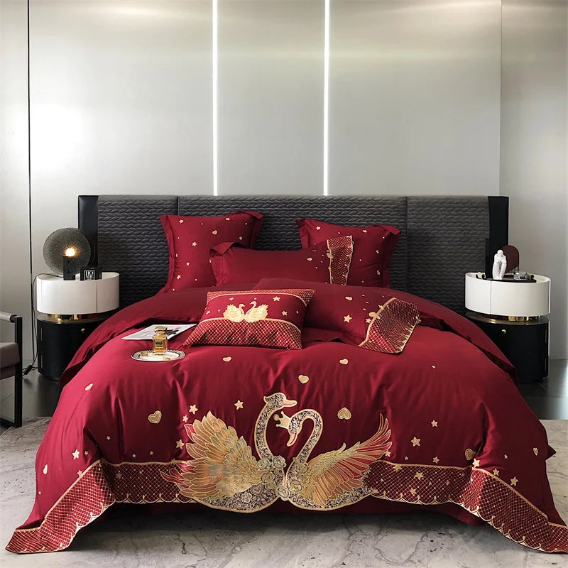 DecorBites™ Gold Swan Love Wedding Bedding Set, Egyptian Cotton, 1000TC, 4 or 6Pcs