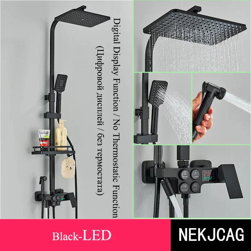 DecorBites™ Digital Display Thermostatic Shower Faucet Set, Rain Shower Column, Wall Mount - Black/Chrome
