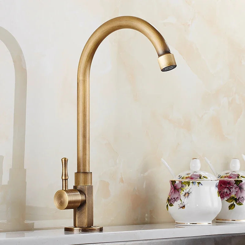 DecorBites™ Brass Classic Cold Water Kitchen Faucet, Single Lever Gooseneck Tap, Bronze Brushed Finish
