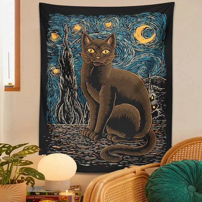 Decobites Starry Night Cat Tapestry: Van Gogh Inspired Mysterious Wall Decor