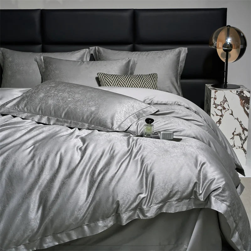 Decobites Luxury Grey Jacquard Cotton Bedding Set with Silky Duvet Cover and Pillowcases