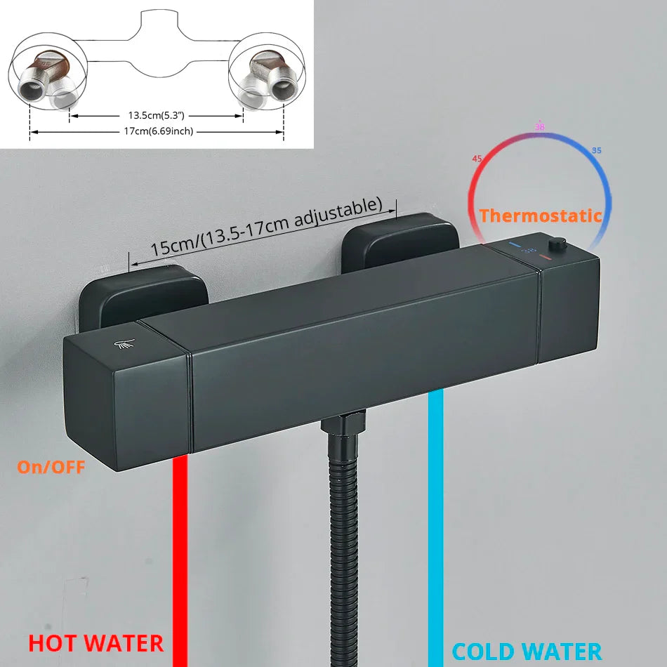 طقم دش ترموستاتي DecorBites™ أسود/كروم مع خلاط مثبت على الحائط من النحاس مع بخاخ