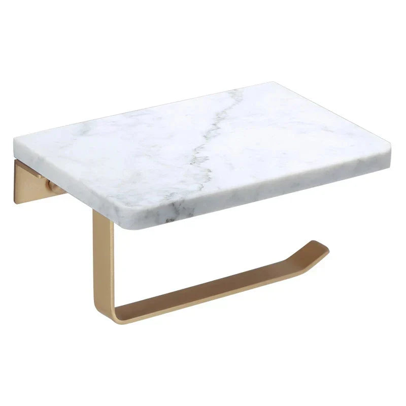 Soporte de pared para papel higiénico DecorBites™ Gold Marble, con caja de pañuelos y estante para baño.