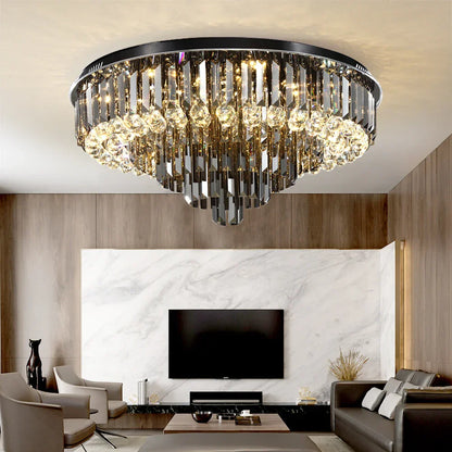 DecorBites™ Crystal LED Chandelier: Modern Smoky Gray Clear Cristal Lighting for Big Living Room