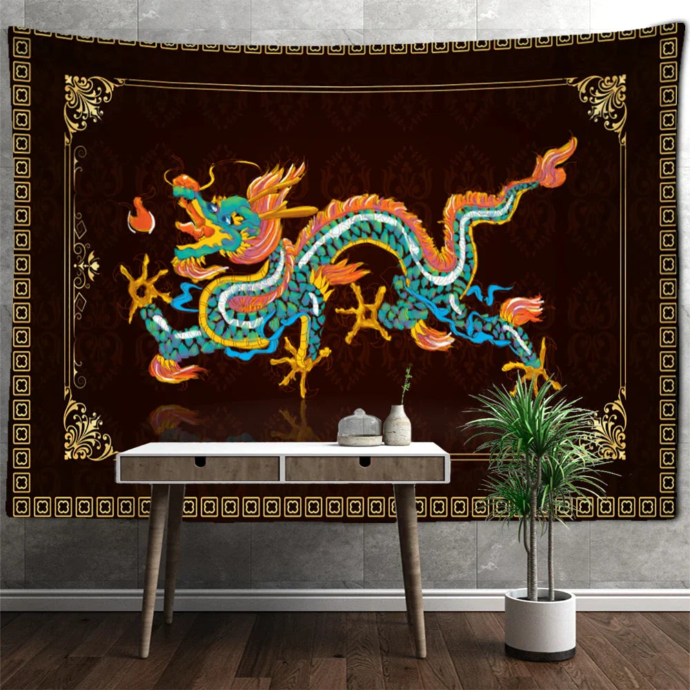 DecorBites™ Golden Dragon Totem Carving Tapestry: Mysterious Psychedelic Wall Hanging