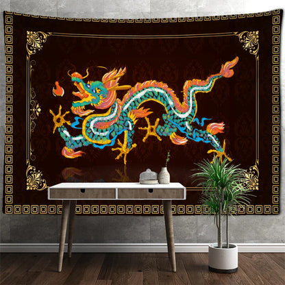 DecorBites™ Golden Dragon Totem Carving Tapestry: Mysterious Psychedelic Wall Hanging