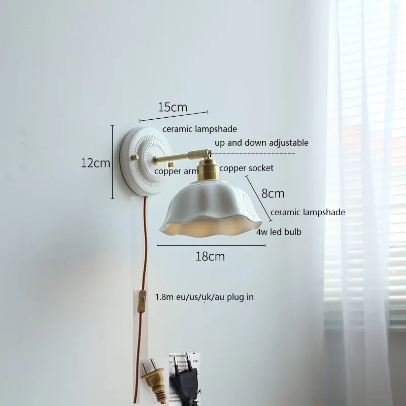 DecorBites™ Ceramic LED Wall Light with Copper Arm Socket for Bedroom Living Room
