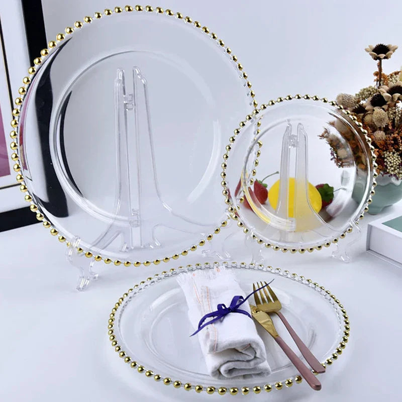 Plato de Vidrio con Bolitas de Oro Decorbites™, Plato Grande Redondo para Frutas en Comidas Elegantes