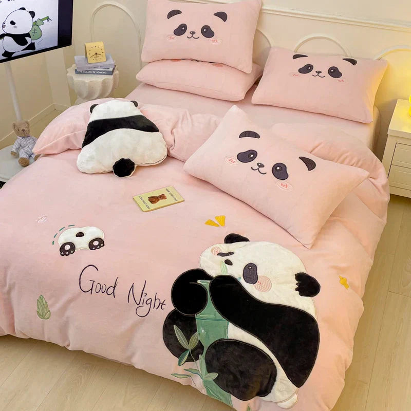 Decobites Pink Panda Applique Embroidery Bedding Set Double Queen Duvet Cover Bed Sheet Pillowcases