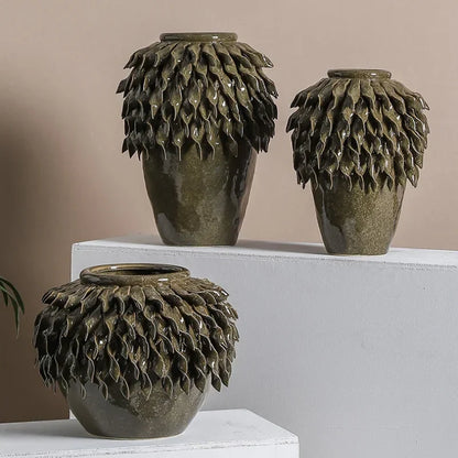 DecorBites™ Leaf Relief Ceramic Vase: Hand-made 3D Floral Arrangement Pot