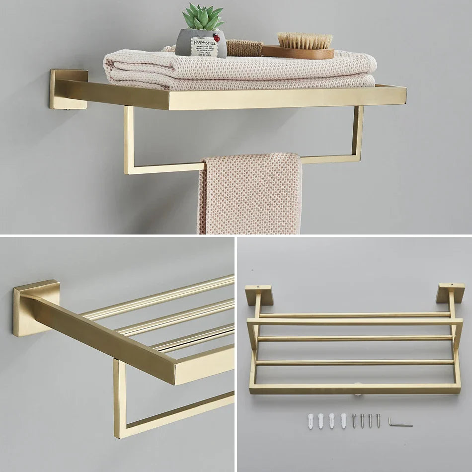 DecorBites™ Brushed Gold Bathroom Set: Towel Bar, Robe Hook, Shelf, Tissue Holder & Accessories