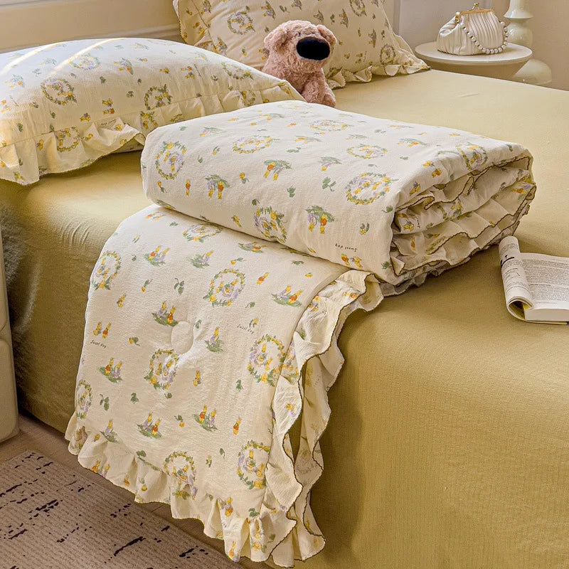 DecorBites™ Korean Cotton Patchwork Quilt with Lace and Ruffle for Summer
