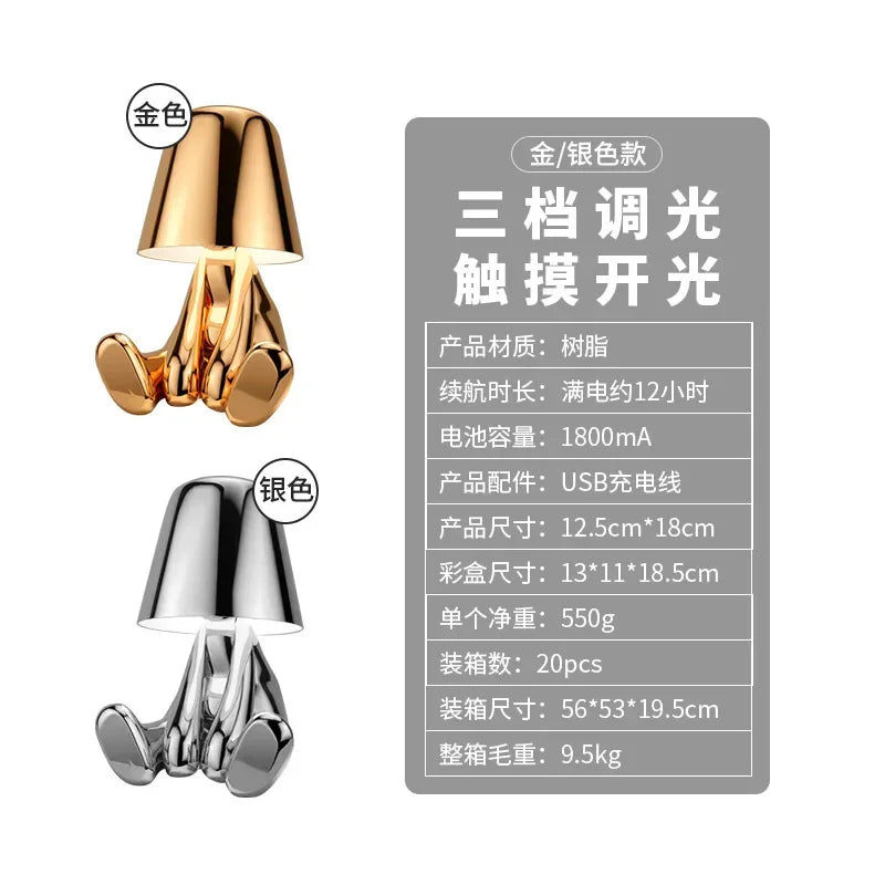 DecorBites™ LED Golden Boy Table Lamp | Rechargeable Resin Night Light for Bedroom Decor