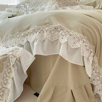 Decobites Matcha Green French Chiffon Lace Queen Bedding Set with Ruffles & Embroidery