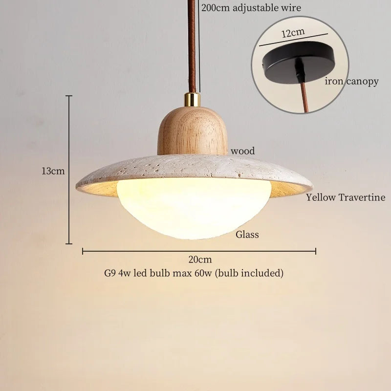 DecorBites™ LED Pendant Lights Yellow Travertine Wood Hanging Lamp for Bedroom Dining Room