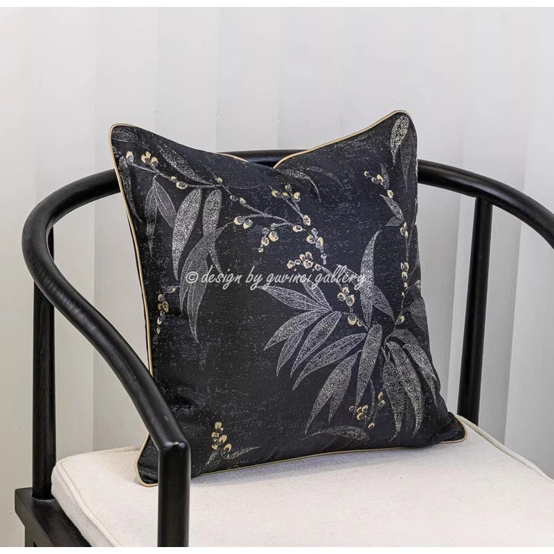 DecorBites™ Black & Gold Floral Jacquard Throw Pillow Cover Oriental Art Case
