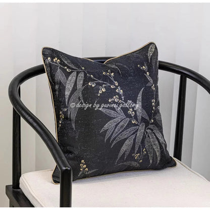 DecorBites™ Black & Gold Floral Jacquard Throw Pillow Cover Oriental Art Case
